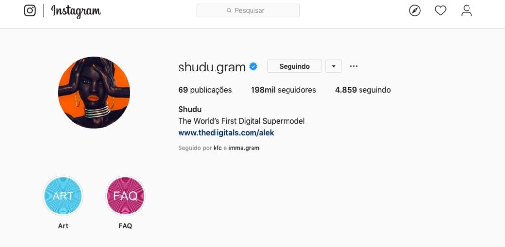 Perfil do instagram da influenciadora virtual Shudu